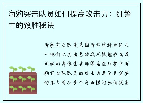 海豹突击队员如何提高攻击力：红警中的致胜秘诀